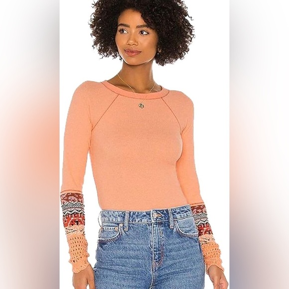 Free People in The Mix Cuff Thermal Top Desert Orange Combo Size Small - Picture 4 of 12